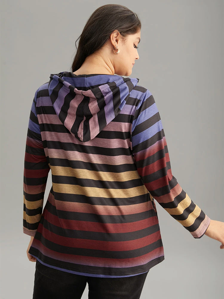 Colour Striped Ombre Hooded Drawstring T-shirt 4 Colour Striped Ombre Hooded Drawstring T-shirt - Image 2
