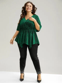 Velvet Elastic Waist Ruffle Sleeve Hanky Hem Blouse -Bloomchic Shop 626386991 ob