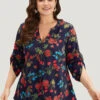 Floral Print Notched Tab Sleeve Blouse -Bloomchic Shop 626623089 zu