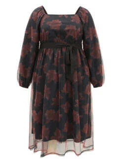 Floral Mesh Belted Gathered Lantern Sleeve Dress -Bloomchic Shop 626902200 sr
