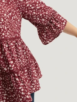 Silhouette Floral Print Lace Patchwork Square Neck Flutters Blouse -Bloomchic Shop 62793235 dg