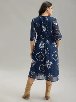 Geometric Mesh Stand Collar Frill Trim Dress -Bloomchic Shop 627944109 zj