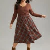 Plaid Elastic Waist Patchwork Rib Knit Dress -Bloomchic Shop 62939085 cp
