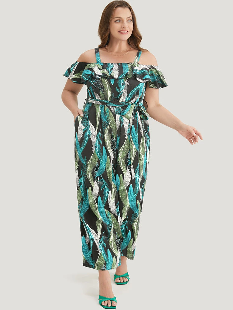Tropical Cold Shoulder Pocket Belted Ruffle Trim Jumpsuit 4 Tropical Cold Shoulder Pocket Belted Ruffle Trim Jumpsuit - Image 2