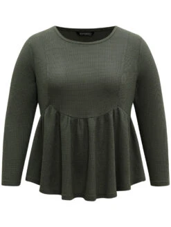 Plain Round Neck Waffle Knit Gathered T-shirt -Bloomchic Shop 629622664 lf