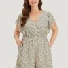 Leopard Ruffle Cap Sleeve V Neck Pocket Jumpsuit