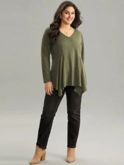 Solid V Neck Hanky Hem T-shirt -Bloomchic Shop 631523301 gq