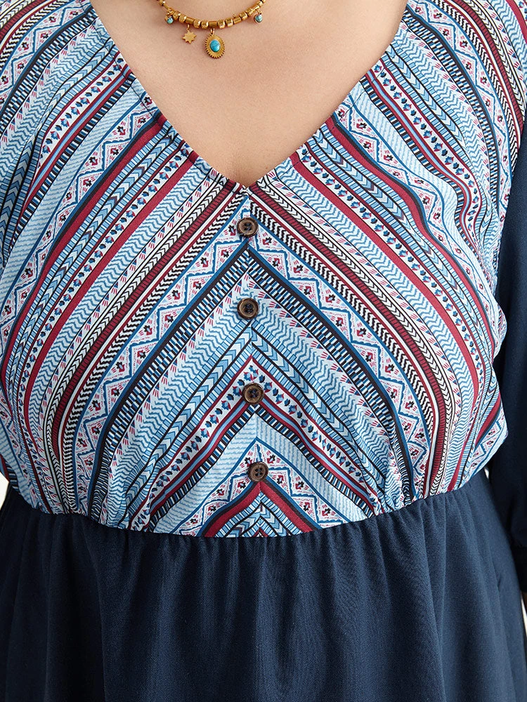 Boho Print Striped Patchwork Lantern Sleeve Dress 9 Boho Print Striped Patchwork Lantern Sleeve Dress - Image 7