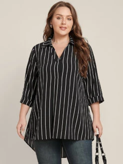 Striped Contrast V Neck Asymmetrical Hem Blouse -Bloomchic Shop 633545918 dl