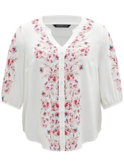 Floral Print Button Detail Notched Lantern Sleeve Blouse -Bloomchic Shop 633825608 wk