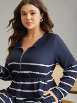 Striped Elastic Waist Pocket Zipper Dress -Bloomchic Shop 634537723 tl