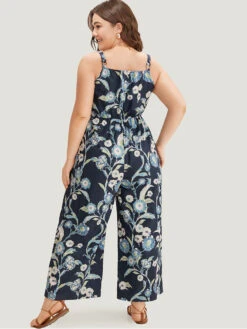Plants Print Shirred Adjustable Straps Cami Jumpsuit -Bloomchic Shop 636265080 br