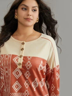 Boho Print Patchwork Contrast Button Up Sweatshirt -Bloomchic Shop 63636725 aw