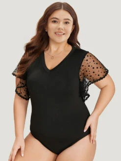 Contrast Lace Mesh Ruffle Sleeve V Neck Bodysuit -Bloomchic Shop 636513465 en f03a1462 7e68 45f1 8a8c 5c9a345593a6