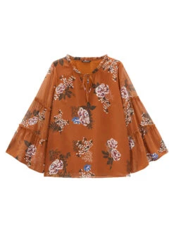 Floral Print Knot Neck Frill Trim Mesh Bell Sleeve Blouse -Bloomchic Shop 638106250 ie