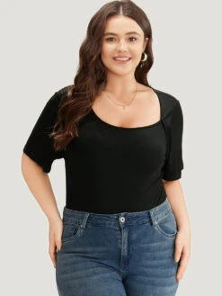 Rib Knit Asymmetrical Neck Short Sleeve Bodysuit -Bloomchic Shop 63821596 hb