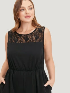 Solid Lace Mesh Pocket Sleeveless Jumpsuit -Bloomchic Shop 638547453 aa