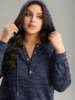 Heather Hooded Button Up Pocket Sweatshirt -Bloomchic Shop 638564805 qr