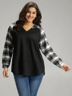 Plaid Print Hooded Patchwork Sweatshirt -Bloomchic Shop 63866328 jg