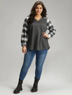 Plaid Print Hooded Patchwork Sweatshirt -Bloomchic Shop 639182156 eq