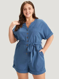 Anti-Wrinkle Solid Patched Pocket Notched Button Up Belt Romper -Bloomchic Shop 639958059 ht