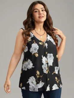 Floral Print Button Detail Tank Top -Bloomchic Shop 641421018 vk