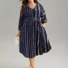 Striped Patchwork Polka Dot Belted Notched Dress -Bloomchic Shop 641759751 yi