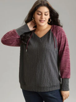 Contrast Jacquard Raglan Sleeve Hooded Sweatshirt -Bloomchic Shop 642433724 kv