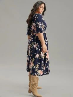 Floral Print Pleated Ties Wrap Lantern Sleeve Dress -Bloomchic Shop 642513739 jh