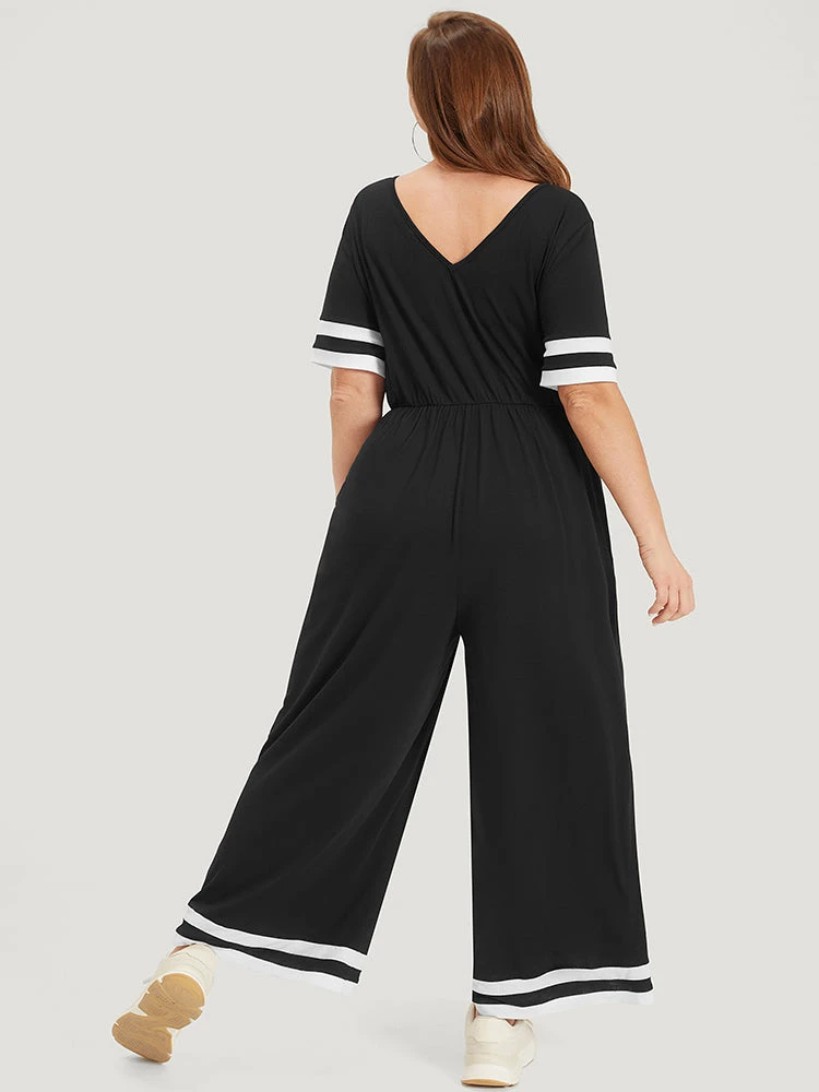 Striped Contrast V Neck Pocket Elastic Waist Jumpsuit 6 Striped Contrast V Neck Pocket Elastic Waist Jumpsuit - Image 4