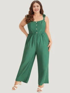Solid Button Detail Pocket Elastic Waist Knotted Shoulder Jumpsuit -Bloomchic Shop 64283521 un