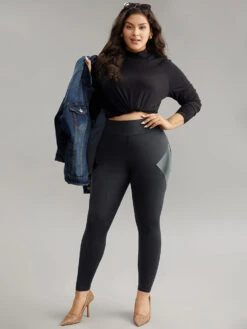 Patchwork PU Leather High Rise Leggings -Bloomchic Shop 643106751 tj