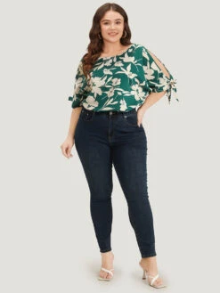 Silhouette Floral Print Knotted Cut Out Round Neck Bodysuit -Bloomchic Shop 643381801 ny