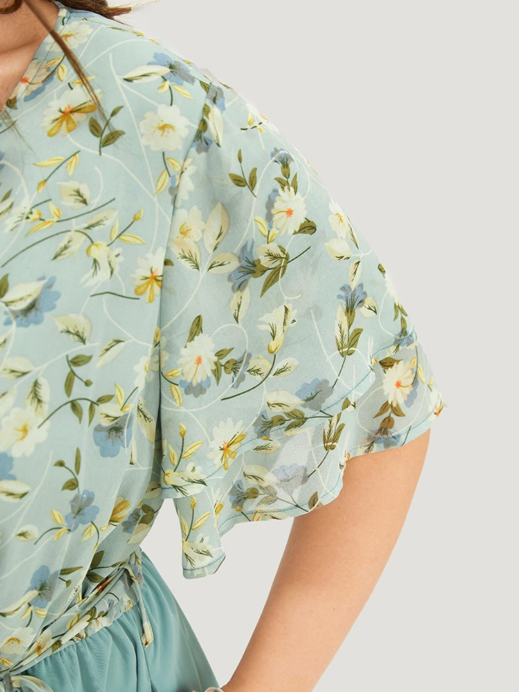 Floral Tiered Sleeve Belt Ruffle Pocket Wrap Jumpsuit 10 Floral Tiered Sleeve Belt Ruffle Pocket Wrap Jumpsuit - Image 8