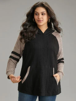 Contrast Textured Raglan Sleeve Pocket Hooded Sweatshirt -Bloomchic Shop 643853165 mb