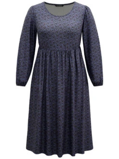 Geometric Elastic Waist Pocket Gathered Dress -Bloomchic Shop 643915727 lx