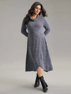 Plain Funnel Neck Heather Arc Hem Dress -Bloomchic Shop 643989742 iq