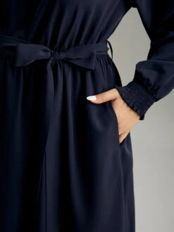 Anti-Wrinkle Plain Shirred Mock Neck Belted Dress -Bloomchic Shop 644438425 zy