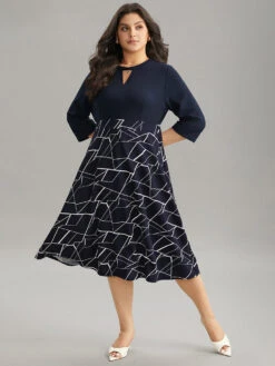 Geometric Contrast Keyhole Elastic Waist Dress -Bloomchic Shop 647383447 ph