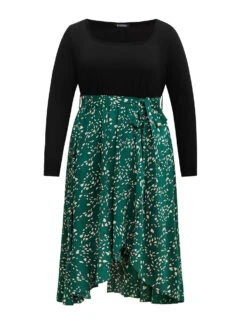 Heart Patchwork Square Neck Belted Arc Hem Dress -Bloomchic Shop 647917514 mh