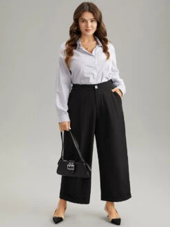 Plain Metal Detail Pocket Wide Leg Pants -Bloomchic Shop 64866476 kl