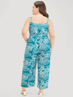 Plant Print Button Through Pocket Belt Cami Jumpsuit -Bloomchic Shop 650535921 he