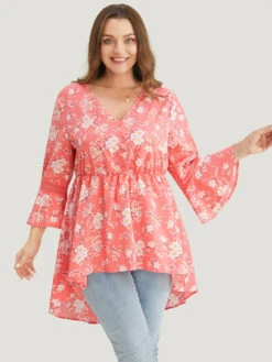 Floral Bell Sleeve Button Through High Low Hem Blouse -Bloomchic Shop 652055513 ta