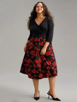 Silhouette Floral Print Patchwork Surplice Neck Dress -Bloomchic Shop 652603524 hf