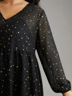 Star Glitter Mesh Lantern Sleeve Ruffle Dress -Bloomchic Shop 653053952 aq