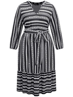 Striped Notched Belted Lantern Sleeve Dress 11 Striped Notched Belted Lantern Sleeve Dress -Bloomchic Shop 653856627 ad