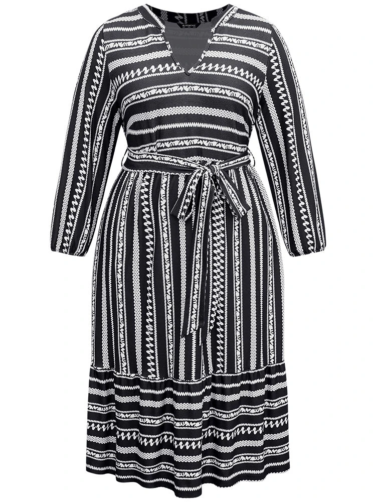 Striped Notched Belted Lantern Sleeve Dress 7 Striped Notched Belted Lantern Sleeve Dress - Image 5