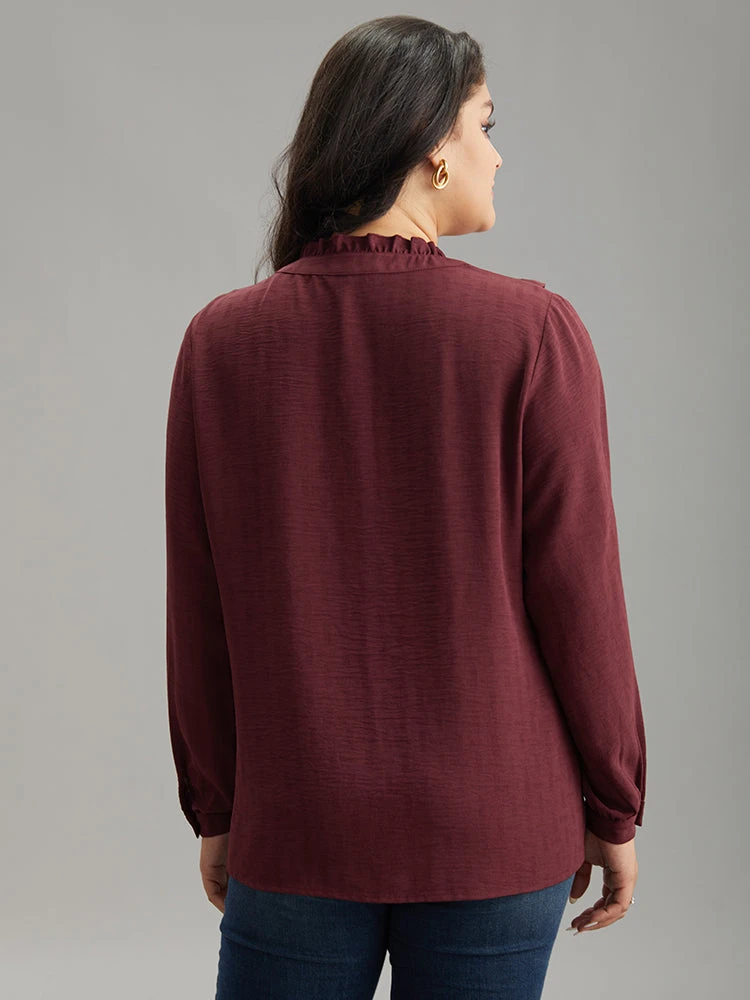 Stand Collar Solid Gathered Frill Trim Blouse 4 Stand Collar Solid Gathered Frill Trim Blouse - Image 2