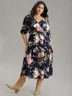 Floral Print Pleated Ties Wrap Lantern Sleeve Dress -Bloomchic Shop 655419519 mo