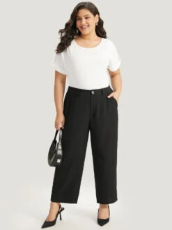 Plain Pocket Elastic Waist High Rise Pants -Bloomchic Shop 656755262 cl